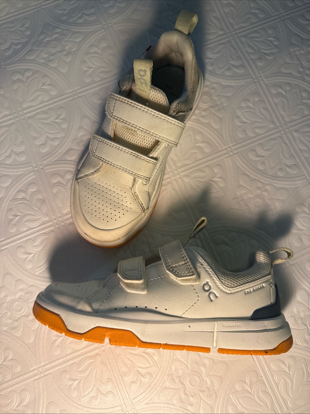 On Cloud Running Kids' White Velcro Sneakers with Orange Sole